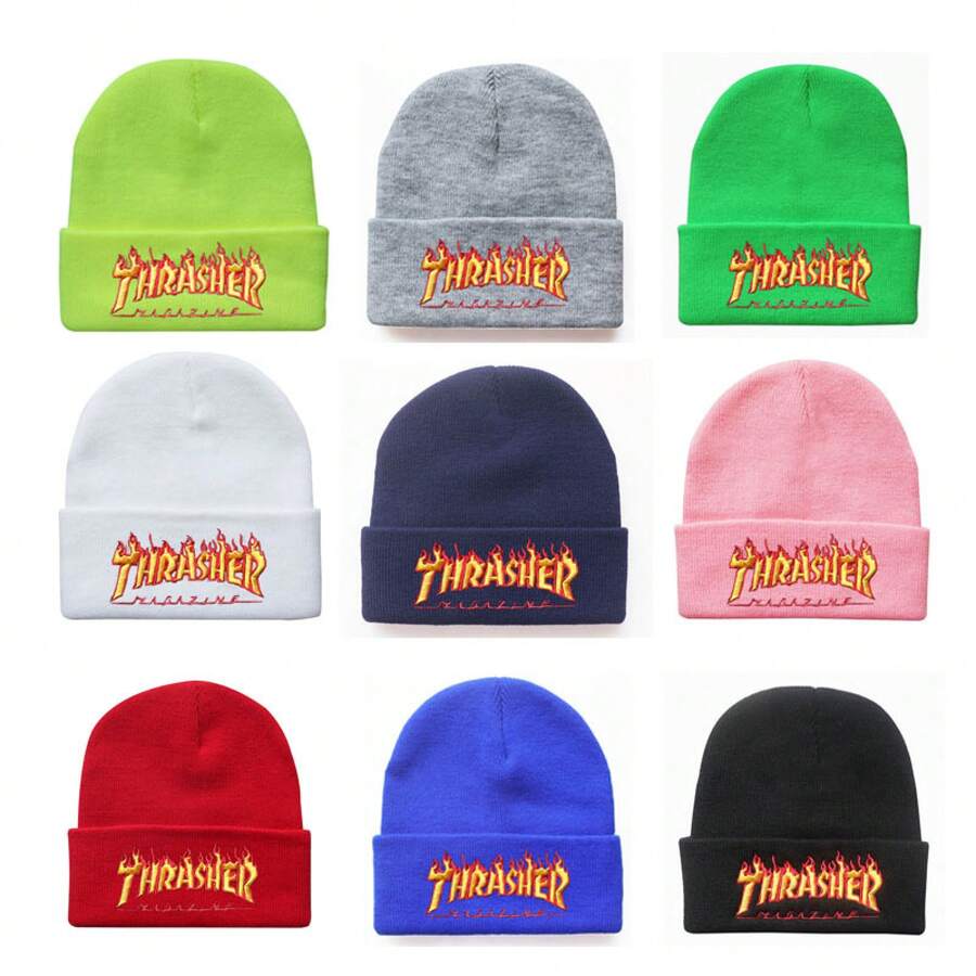 1pc Fashion Flame Letter Embroidered Knitted Hat Unisex Beanie Cold Hat Unisex, Autumn Winter Warm Knitted Hat, Lightweight And Warm Outdoor Hat Men And Women,Valentine's Day Couple's Accessories, Beanie - 螢光綠 - 查看 1