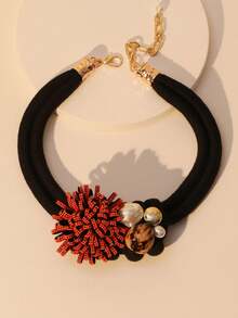 Colar Vintage com Pingente Floral Vermelho de Pérolas Falsas com Strass, Acessório de Declaração de Design de Nicho Exagerado Estilo Europeu e Americano