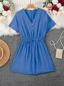 Women's Shirred Button Solid Color Short Sleeve Drawstring Waist Jumpsuit Summer Elegant - Blue - View 3