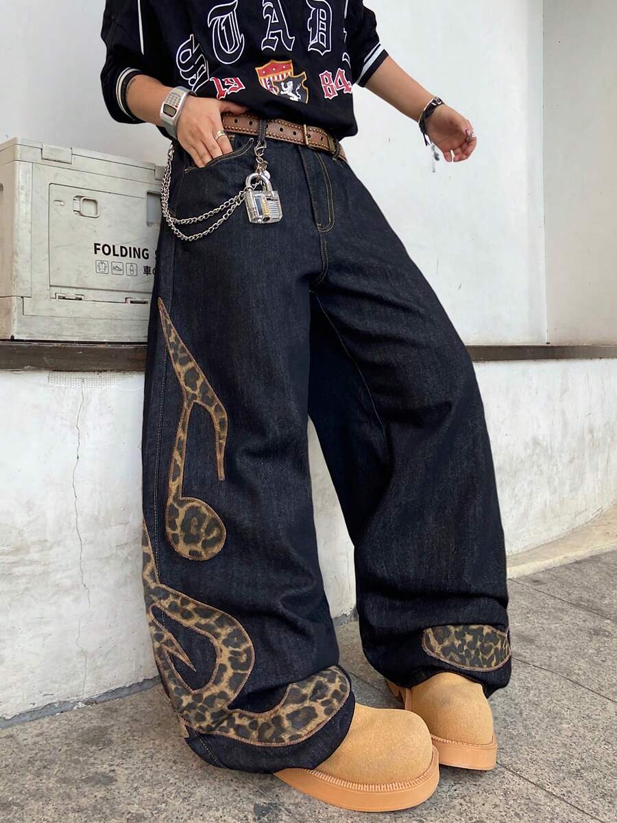 1 chiếc quần jeans ống rộng kiểu Mỹ cổ điển, thêu họa tiết, dáng rộng thoải mái, phù hợp cho mọi mùa (Không bao gồm thắt lưng và phụ kiện) - màu đen - Xem 1