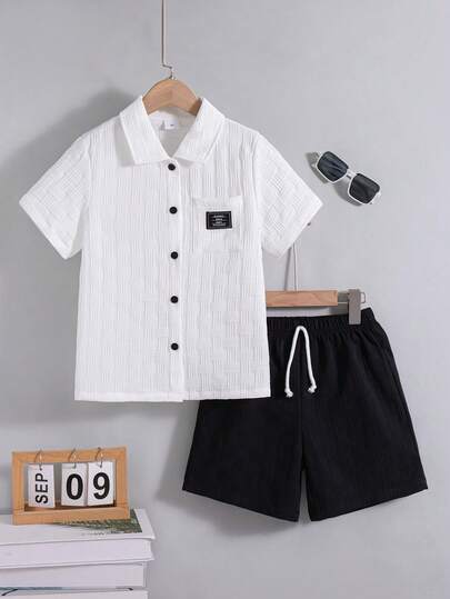2pcs/Set Boys Casual Outgoing Fashion Shirt With Pocket Decor Design Short Sleeve Shirt Top And Shorts Set, Summer