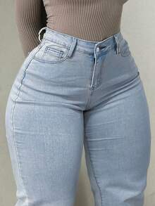 GILIPUR Y2K Retro Flare Jeans For Women, Plus Size Solid High Waist Slim Fit Stretchy Casual Street Style, 2000s Vintage, Suitable For Autumn/Winter, Great Gift For New Year, Valentine's Day, Christmas - Rửa nhẹ - Xem 2