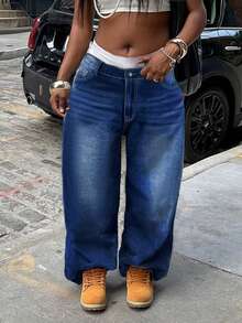 Plus Size Women's Mid-Rise Washed Denim Jeans, Vintage Distressed Non-Stretch Jeans - Dark Wash - View 5