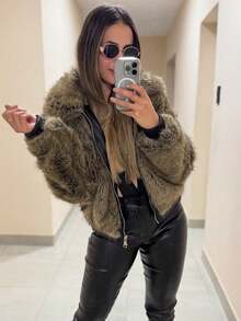 Damen Kunstfell Jacke mit Frontverschluss, Kragen und Taschen - Lässiger Wintermantel für den Alltag - Braun - Übersicht 7