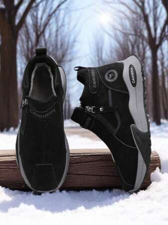 男士冬季雪地靴，保暖、舒适、柔软、时尚户外运动 - 毛绒内衬冬季鞋，徒步休闲鞋 - 侧拉链款式，PVC鞋底……