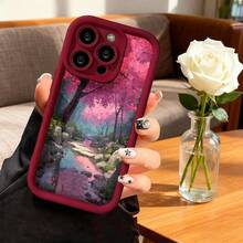 Cubierta de teléfono con borde negro diseño de bosque con flores rosadas y arroyo paisaje mágico para uso diario y viajes - Burdeos - Ver 7