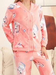 Ropa Para Dormir Mujer Franela Conjunto De Camisón Cárdigan Dama Suave y Cómodo Blusas Y Pantalones - Rosa - Ver 6