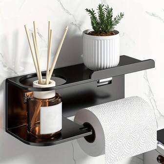 Wall-Mounted Tissue Box Holder With Bathroom Fragrance Storage Rack - Fashionable Black Multi-Functional Organizer For Kitchen And Bathroom, Self-Adhesive Installation, Space-Saving Design, Bathroom Organizer And Storage Cabinet