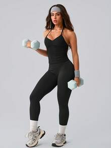 NcmRyu 1 套女士休闲露背吊带背心和紧身裤运动套装，简约百搭 - 黑色 - 查看 6