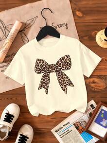 Young Girl Leopard Print Bow Graphic Round Neck Short Sleeve Casual Versatile T-Shirt - Apricot - View 2
