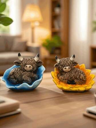 Sevimli Yayla İneği Çiçek Dekoru, İskandinav Tarzı Reçine Ev Dekorasyonu, Ayçiçeği ve Mavi Yapraklı Hayvan Figürü, Yaratıcı Masa Süsü