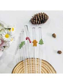 5支高品质弯曲玻璃吸管，采用硼硅酸盐玻璃制成，带有节日元素和透明设计，可重复使用。适合作为礼物，也适合家庭和朋友聚会、斋月、情人节以及其他派对和节日使用。 - 彩色 - 查看 6