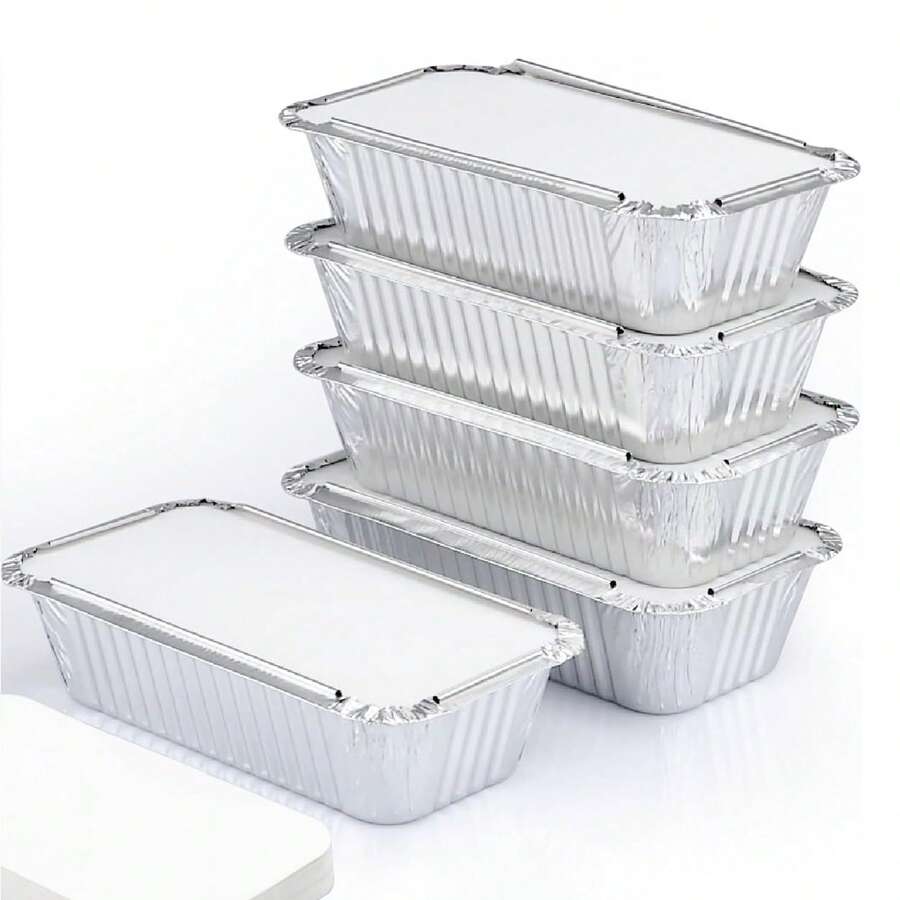 50 Pack Aluminium Brotpfannen mit Deckeln Wegwerfbrot Dosen zum Backen, Mittagessen Behälter, Single Serve Backgeschirr - Folie Brotpfannen, Aluminium Brotpfanne 20cm x 11.1cm - Silber - Übersicht 1