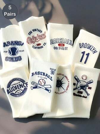 5 par unisex basebollbokstävermönster mitt på vaden strumpor, streetwear sportstil, lämpliga för vardagsbruk, höst