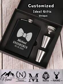 Spersonalizowany zestaw przenośnych piersiówek, piersiówka 6 uncji, piersiówka ze stali nierdzewnej z grawerunkiem, pudełko prezentowe dla pana młodego, spersonalizowana piersiówka z imieniem dla mężczyzn, spersonalizowana piersiówka na alkohol z literą, spersonalizowana piersiówka ze stali nierdzewnej z grawerunkiem - Wielokolorowe - Zobacz 3