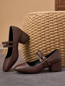 MonaNise 5cm Cloth Covered Heel Women's Fashion Metal Coffee Brown Mary Jane Low Chunky Heel Dress Shoes - Coffee Brown - View 4