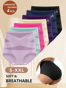 4pcs Random Combination High Waisted Women'S Panties Breathable Mesh Cross Traceless Triangle Panties - 彩色 - 查看 1