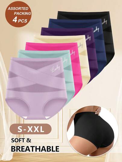 4pcs Random Combination High Waisted Women'S Panties Breathable Mesh Cross Traceless Triangle Panties