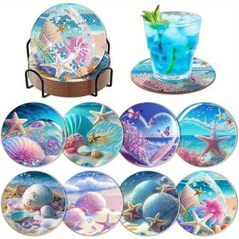 An 8pcs Set Of Round And Irregular Diamond Art Coaster Kits With Stand - DIY Diamond Painting Coasters Featuring Landscape Themes - Beach Heat-Resistant Coasters, Suitable For Adults And Beginners - Made Of Original Wood