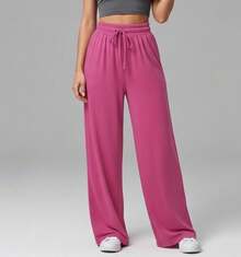Wide Leg Pants With Flare Leg, Sophisticated Fit, Structured Style, High , Contemporary, Casual, Comfortable, Modern, Chic - 玫紅色 - 查看 10