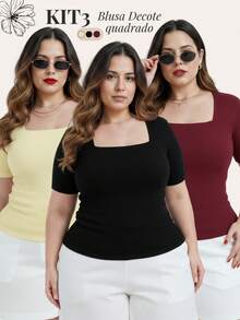 Set Of 3 Women's Plus Size Square Neck Blouses – Basic Premium Sizes G1 To G3 Simple None Workwear Office Beach Vacation - ĐEN VÀNG ĐỎ BURGUNDY - Xem 7