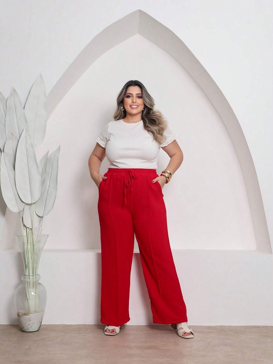 Duna Plus Size Wide-Leg Pants - Rojo - Ver 1