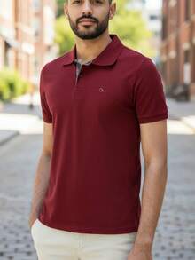 Ogochi Men's Basic Plain Polo Shirt With Logo, No Pocket, Original - 赤霞珠 - 查看 2