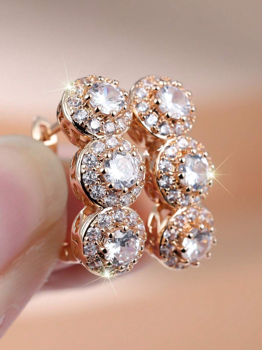 1 par de lujosos pendientes colgantes de circonita de corte redondo dorado, pendientes de flor de circonita brillante, joyería de fiesta para ella, regalo de cumpleaños - Amarillo Oro - Ver 1