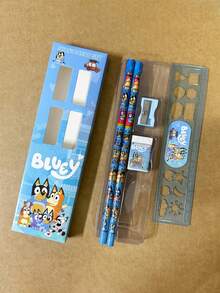 1 set Bluey Familj & Vänner tecknad linjal, pennvässare, suddgummi, anteckningsbok, kreativ teckning och kontorsmaterial, Bluey, Bingo, Hund, Chili, Rostig, Muffins pappersset, Födelsedag, Julklapp