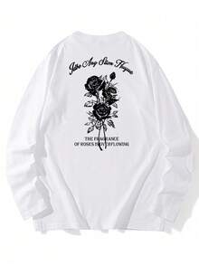 女士宽松字母花卉印花长袖T恤，适合春秋季穿着，白色休闲百搭 - 白色 - 查看 3