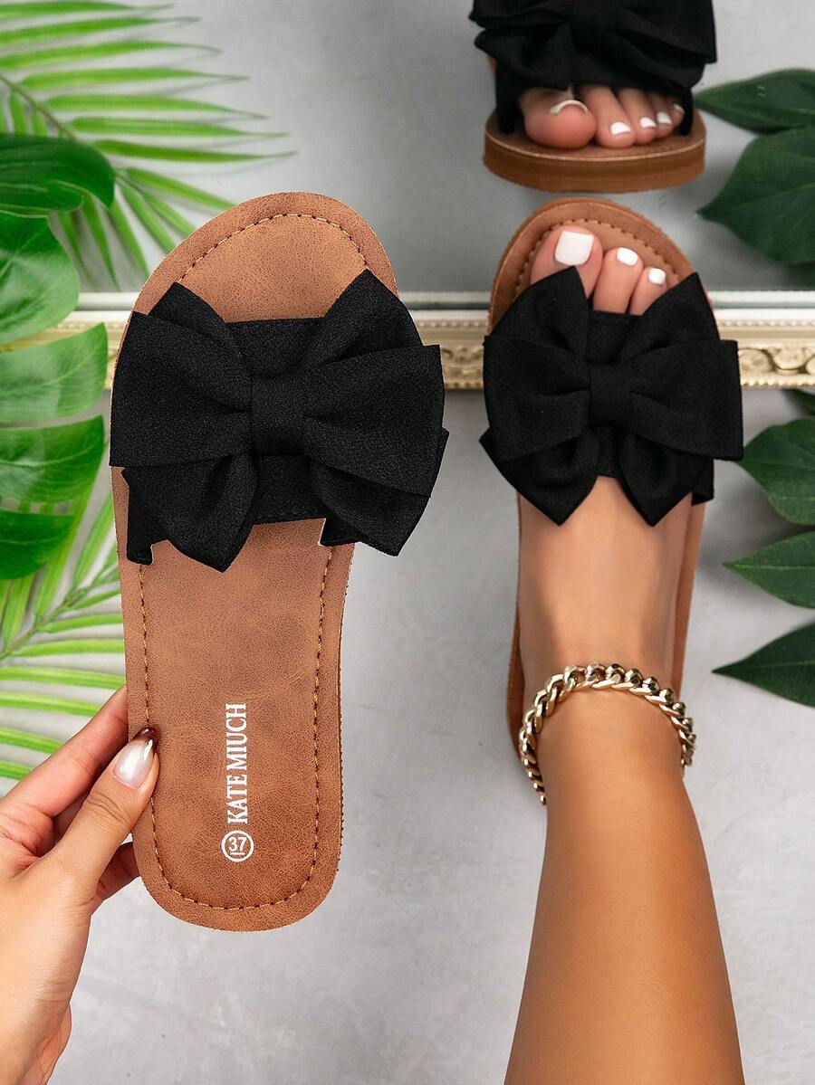 Women's Casual Slip-On Sandals With Bow Decor, Suitable For Hotel, Swimming Pool, Spa, Party, Lightweight And Comfortable Indoor Slippers, Black And Brown Colors - Black - View 1