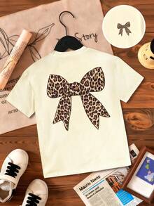Young Girl Leopard Print Bow Graphic Short Sleeve Casual Round Neck T-Shirt - Apricot - View 3