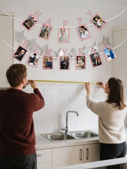 New Happy New Year 2026 Photo Glitter Banner New Years Banner For New Years Decorations 2026 | Happy New Year 2026 Eve Party Supplies (Pink,Yellow,Blue,Red)