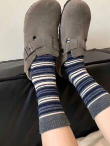 1 Pair Women's Autumn/Winter Fashionable Colorblock Fuzzy Striped Socks, Retro Cute Colorful Mid-Calf Crew Socks