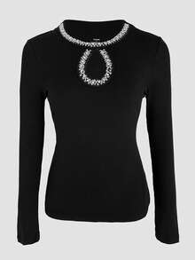 ChicMe 女士修身罗纹上衣，饰有水钻，钥匙孔水滴领长袖，时尚叠穿衬衫，适合派对和夜店穿着 - 黑色 - 查看 4