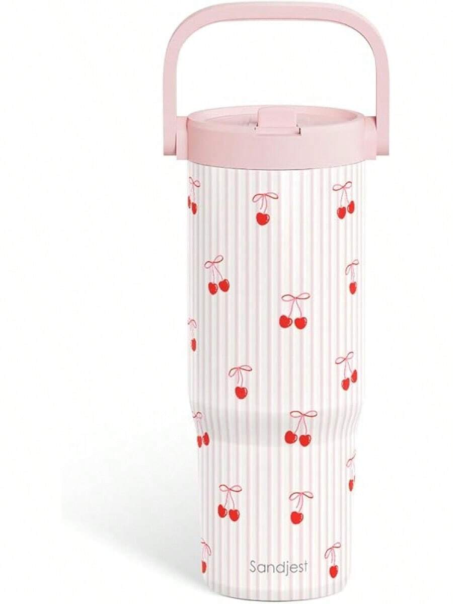 Pink Bow Stainless Steel Straw Lid Tumbler 30oz With Carry Handle For Women Girls, Insulated Travel Coffee Cup, Gift For Sports Outdoor Workout Christmas Birthday - 櫻桃1號 - 查看 1