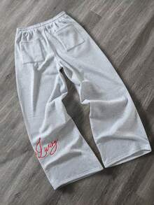 Loose Fit Gray Sweatpants, American Streetwear Style, Relaxed Fit Drawstring Straight Leg Casual Pants, Sports Vibe - Light Grey - View 2