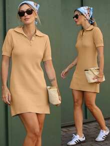 Women's Midi Dress, Short Polo Collar, Modal Knit, Short Sleeves, V-Neck, Buttons, Summer , Light Colors, Candy Colors, Pastel Shades, Christmas, New Year's, Parties - 米色 - 查看 1