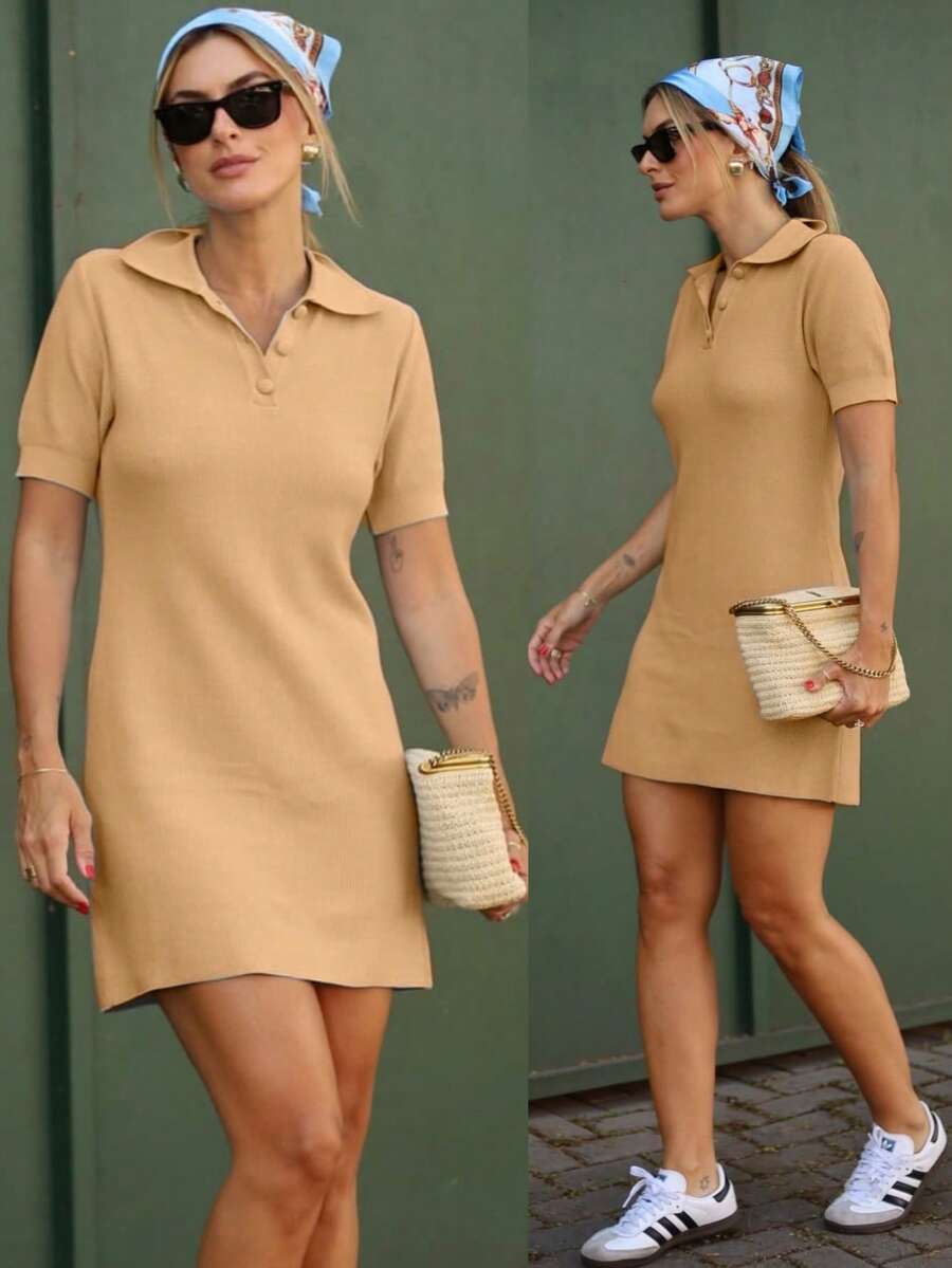 Women's Midi Dress, Short Polo Collar, Modal Knit, Short Sleeves, V-Neck, Buttons, Summer , Light Colors, Candy Colors, Pastel Shades, Christmas, New Year's, Parties - 米色 - 查看 1