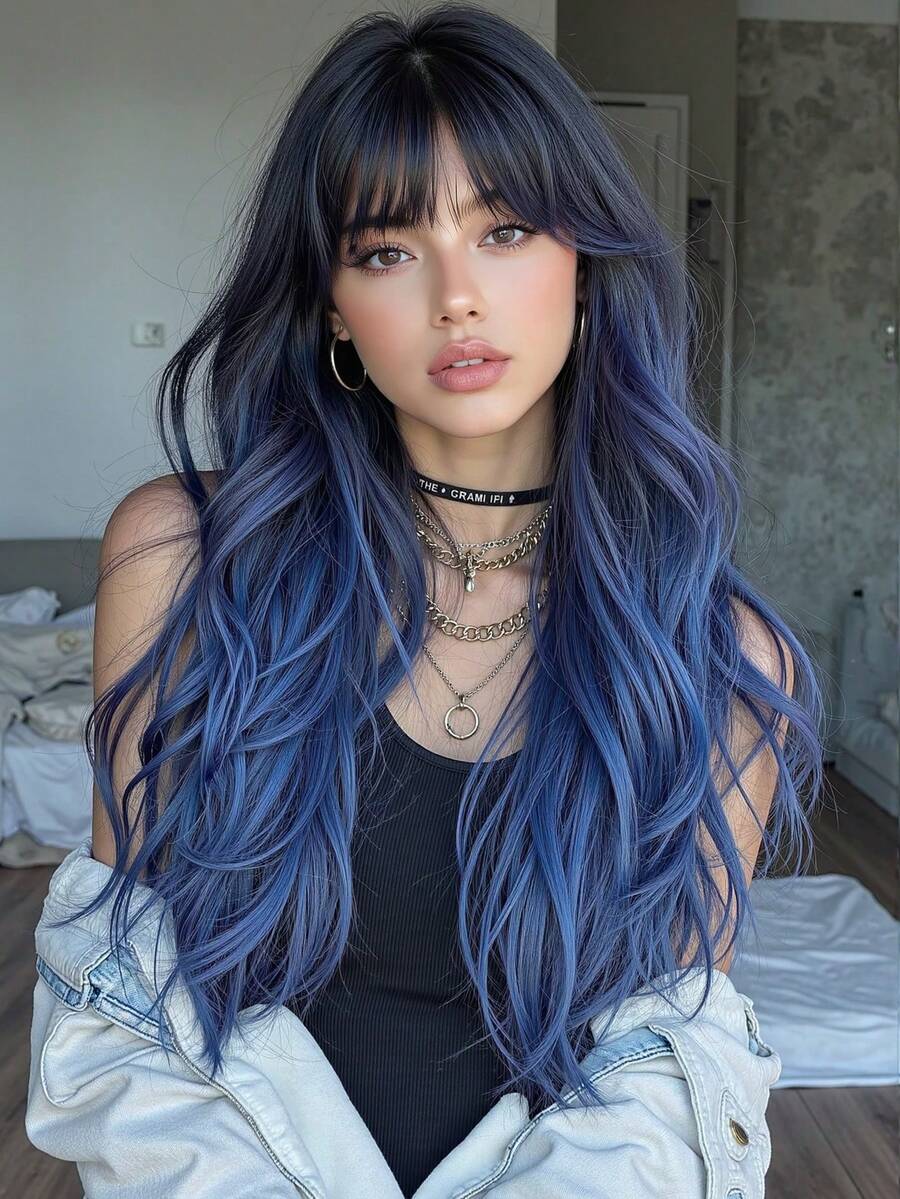 Ava WIGS 26 inch màu xanh lam nổi bật tóc giả tổng hợp màu đen có mái không keo chịu nhiệt không ren tóc giả cho phụ nữ màu đen pha trộn màu xanh lam tóc giả dài gợn sóng hàng ngày tiệc cosplay tóc giả nhiều màu, quà tặng Halloween cho phụ nữ