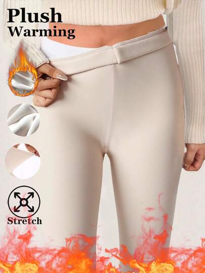 1 Pack Women's Apricot Fleece Lined Leggings, European & American Fashion Casual Minimalist Elegant High Elasticity Warm Slimming Tight Pants, Suitable For Home, Workout, Yoga, Fitness, Outdoor Walking, Party, Gift