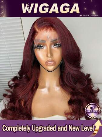 28 Inch 200% Density #BUG Burgundy Color Body Wave 13X4 Transparent Lace Front Human Blended Hair Wigs Hair With Baby Hair Body Waves Perfect For Daily Wear Natural Looking Natural Hairline Soft For Women's Long Fashionable Blended Hair Wig