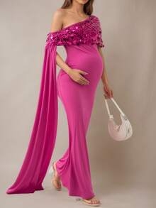 拼接纯色不对称/不对称亮片拼接拉链正式晚礼服孕妇装