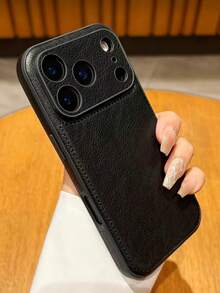 1pc Retro Elegant Faux Leather Phone Case Compatible With IPhone 16 15 14 13 12 11 Pro Max Plus X XS XR 7 9- Shockproof Protection, Soft-Touch Texture, Full Camera Lens Cover, Scratch-Resistant, Business Style Basic Cover - Black - View 3