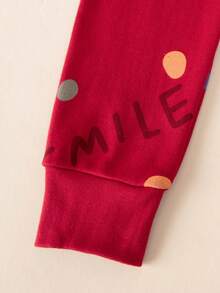 2pcs/Set Young Girls Smile And Polka Dot Pattern Pjs, Round Neck Long Sleeve Top And Pants Underwear Set, Cartoon Allover Print Loungewear For Winter & Autumn