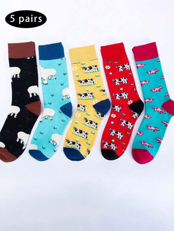 5 Pares de Meias Estampadas de Animais Variados até a Panturrilha, Novas Meias de Fazenda Feliz de Outono/Inverno, Meias Casuais Coloridas