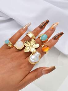 6/13 قطعة مجموعة خواتم مصنوعة من عملات معدنية عتيقة مبالغ بها، أزهار ضخمة، لؤلؤ مزيف، أحجار كريمة ملونة مزيفة، أشكال هندسية غير متماثلة، مناسبة للاستخدام اليومي والحفلات والعطلات والأعياد كهدية للنساء