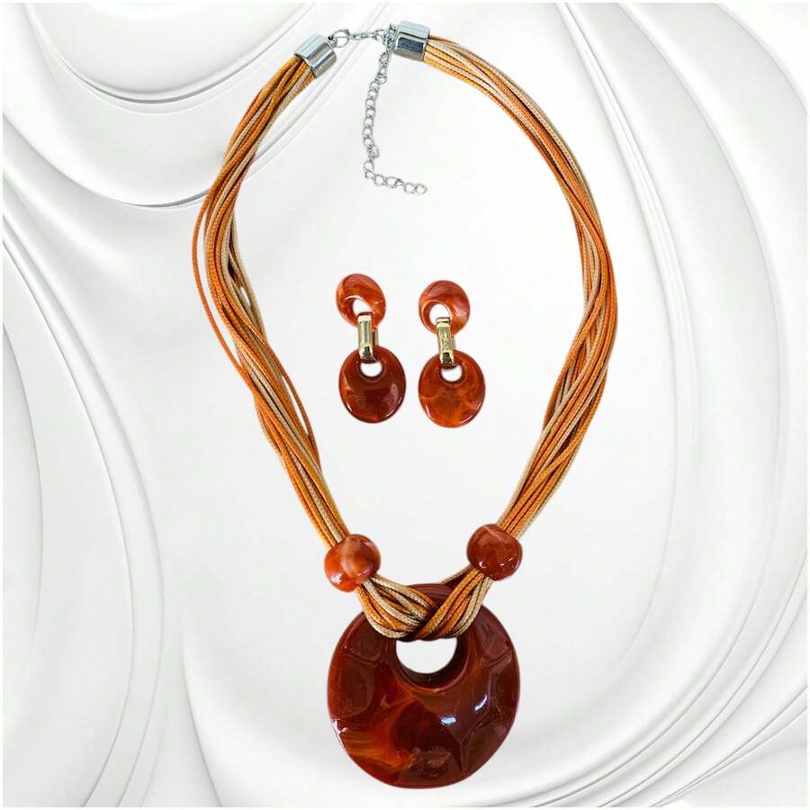 Fine Jewelry: Multi-Strand Necklace + Marbled Resin Earrings. - 橘色 - 查看 1