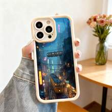 Cubierta de teléfono con diseño de ciudad futurista azul oscuro con tranvías y luces neón para uso diario y viajes - Café integral - Ver 4