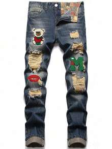 Men Cartoon & Letter Patched Detail Ripped Frayed Jeans